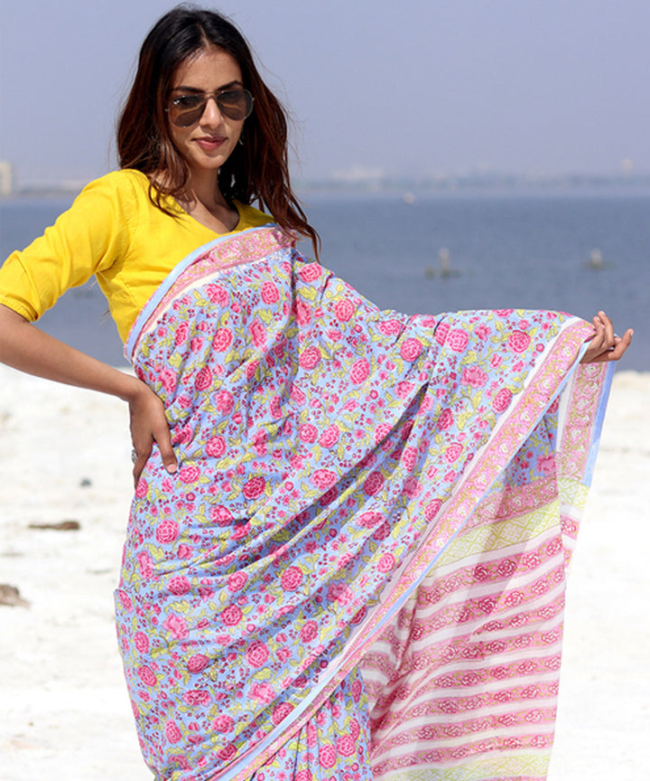 Sky blue pink hand block sanganeri printed cotton saree