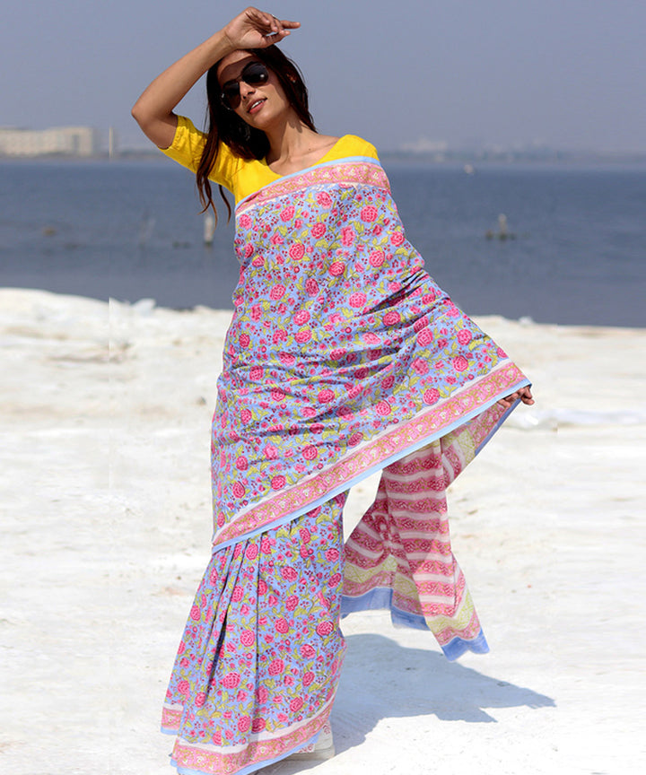 Sky blue pink hand block sanganeri printed cotton saree