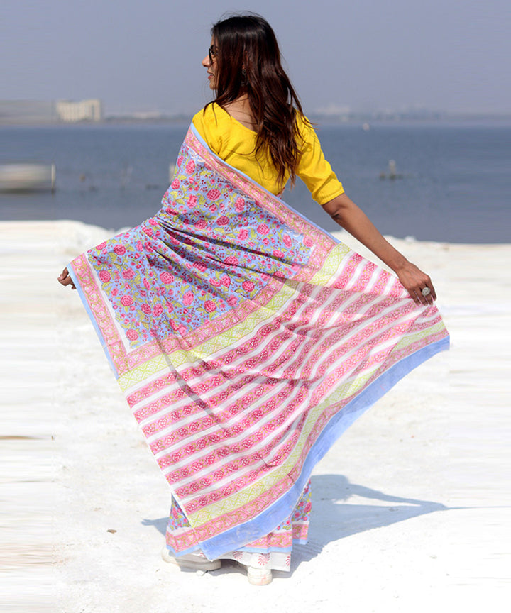 Sky blue pink hand block sanganeri printed cotton saree