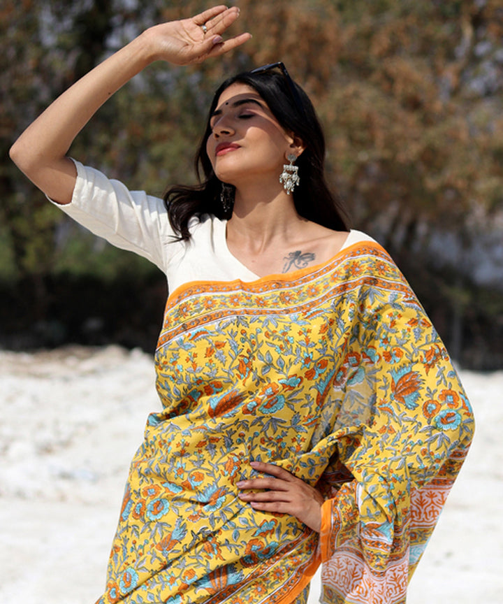 Mustard orange cotton hand block sanganeri printed saree