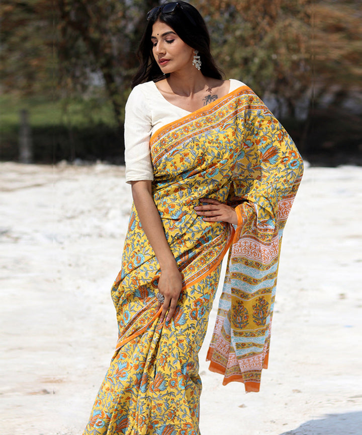 Mustard orange cotton hand block sanganeri printed saree