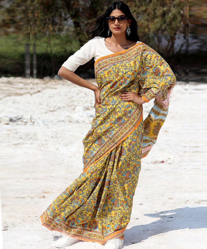 Mustard orange cotton hand block sanganeri printed saree