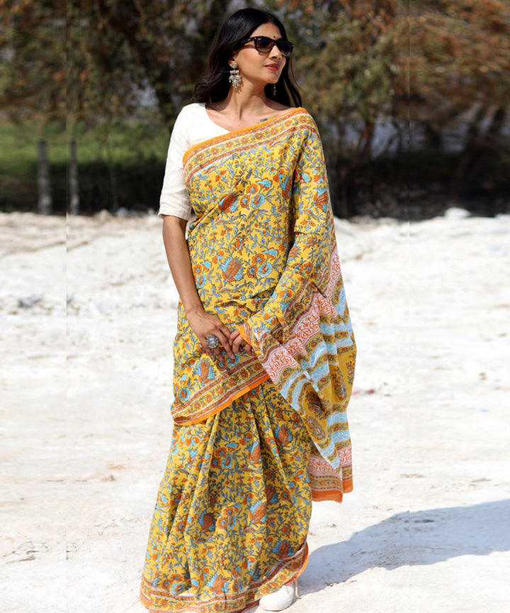 Mustard orange cotton hand block sanganeri printed saree