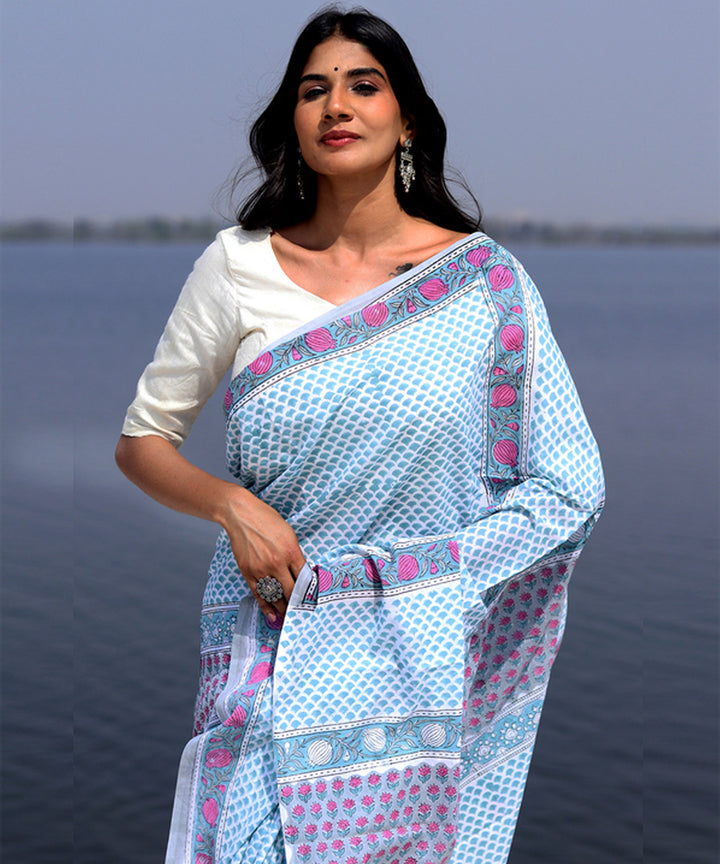 Sky blue pink cotton sanganeri hand block printed saree