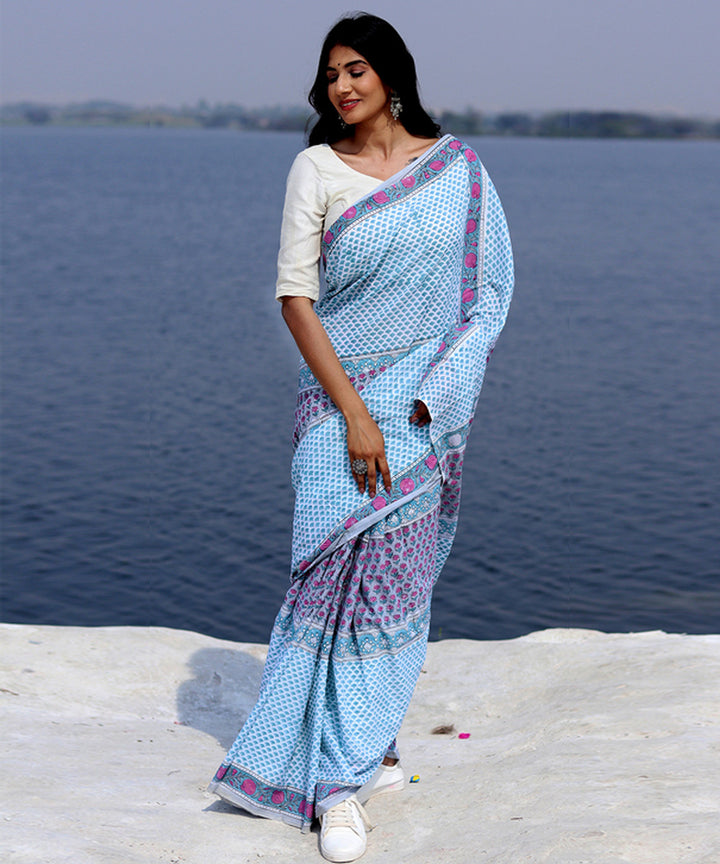 Sky blue pink cotton sanganeri hand block printed saree