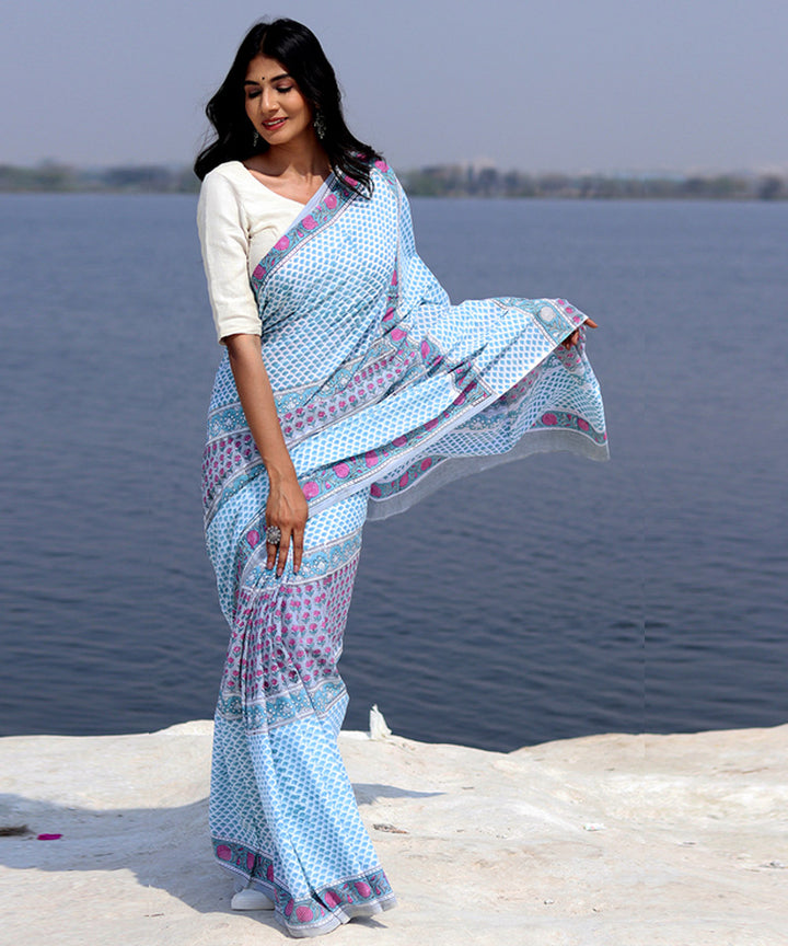 Sky blue pink cotton sanganeri hand block printed saree