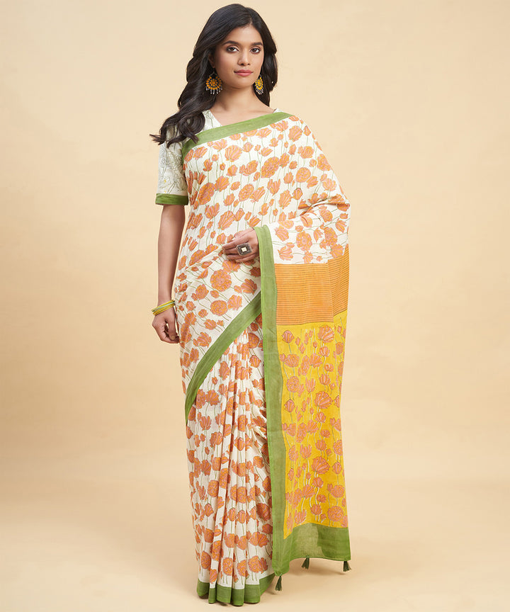 Orange olive green cotton hand block sanganeri printed saree