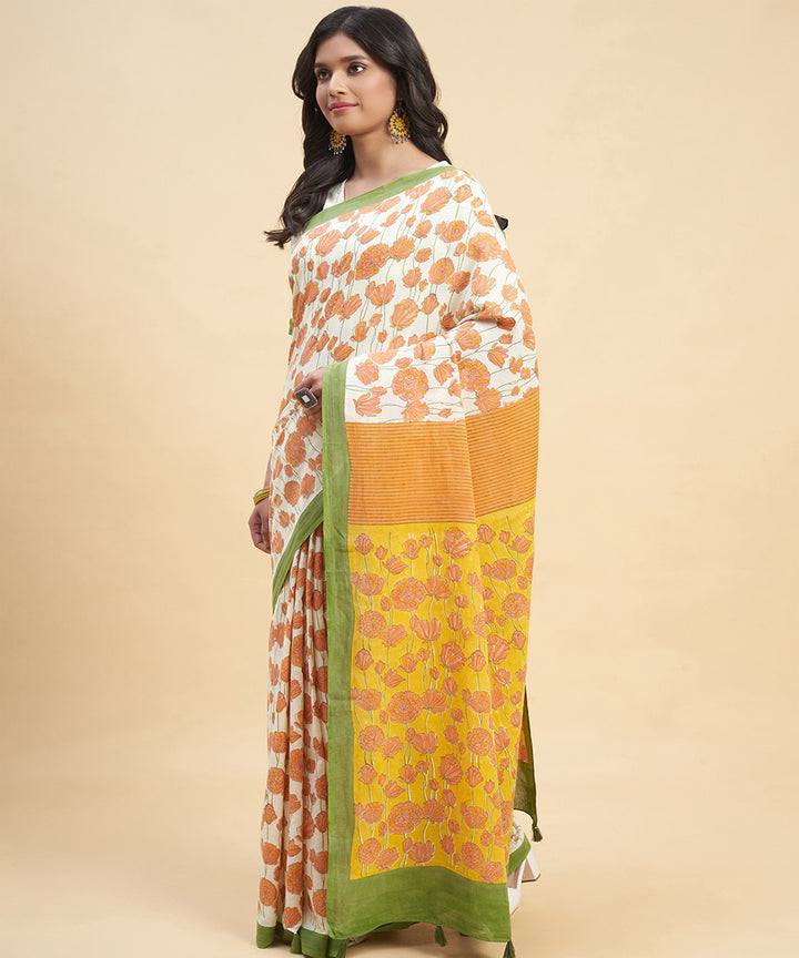 Orange olive green cotton hand block sanganeri printed saree