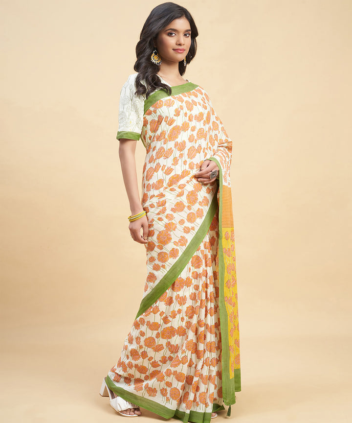 Orange olive green cotton hand block sanganeri printed saree