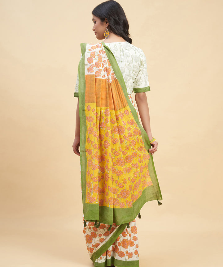 Orange olive green cotton hand block sanganeri printed saree