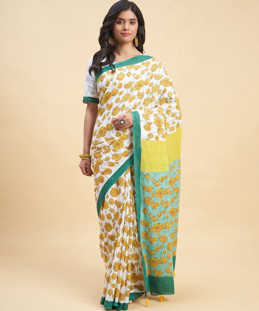 White - Hand Block Print Merino Wool Sanganeri Saree 05 main image 1