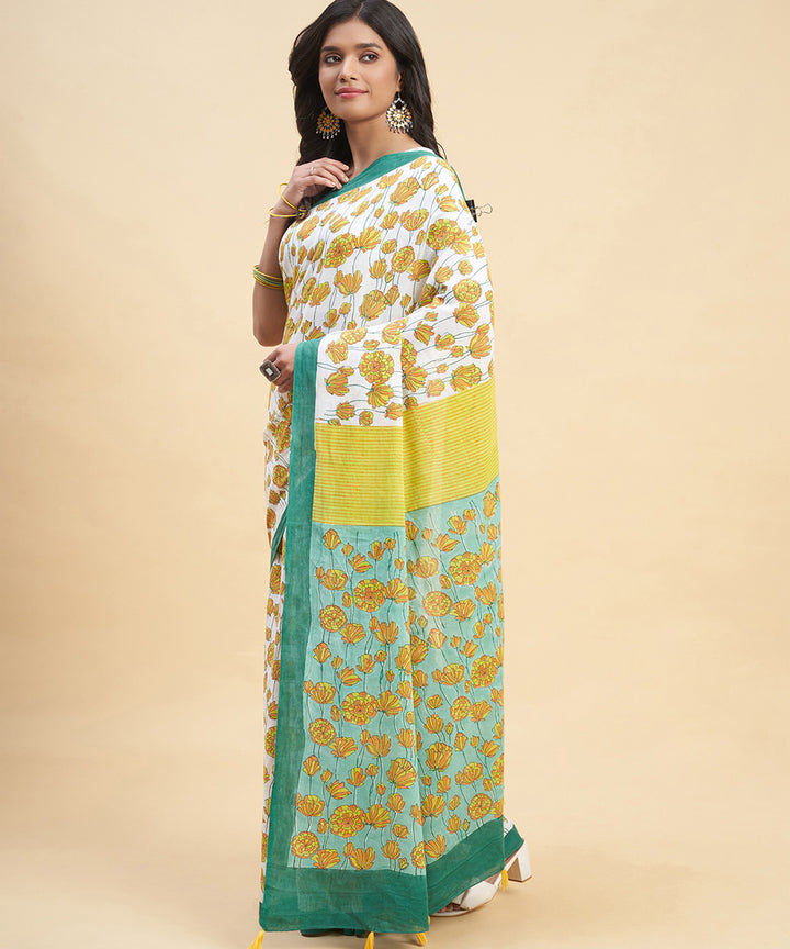 Dark green mustard cotton hand block sanganeri printed saree