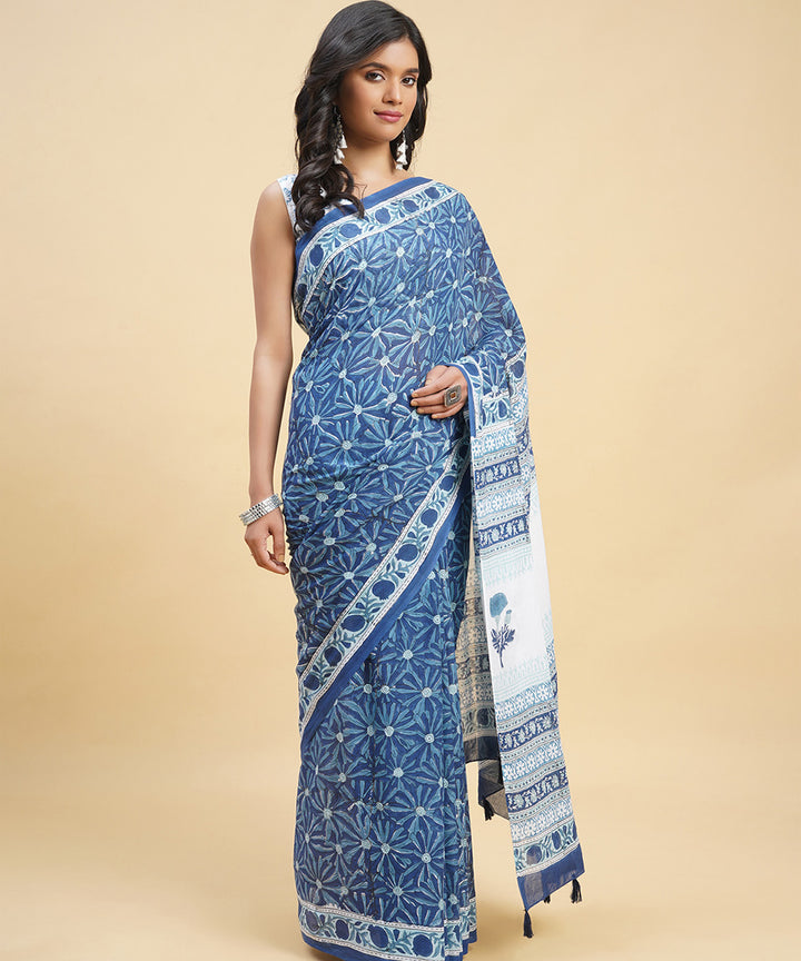 Navy blue sky blue hand block sanganeri cotton printed saree