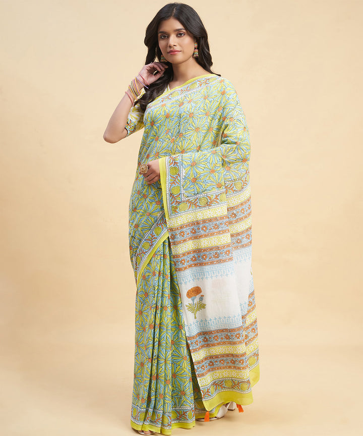 Sky blue yellow cotton hand block sanganeri printed saree