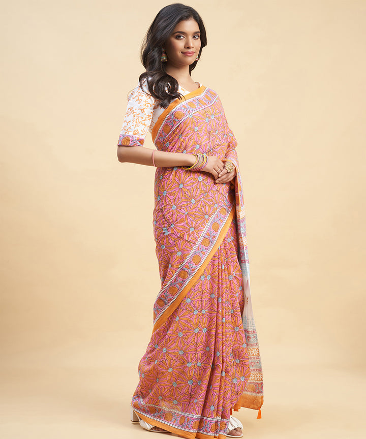 Orange pink cotton hand block sanganeri printed saree