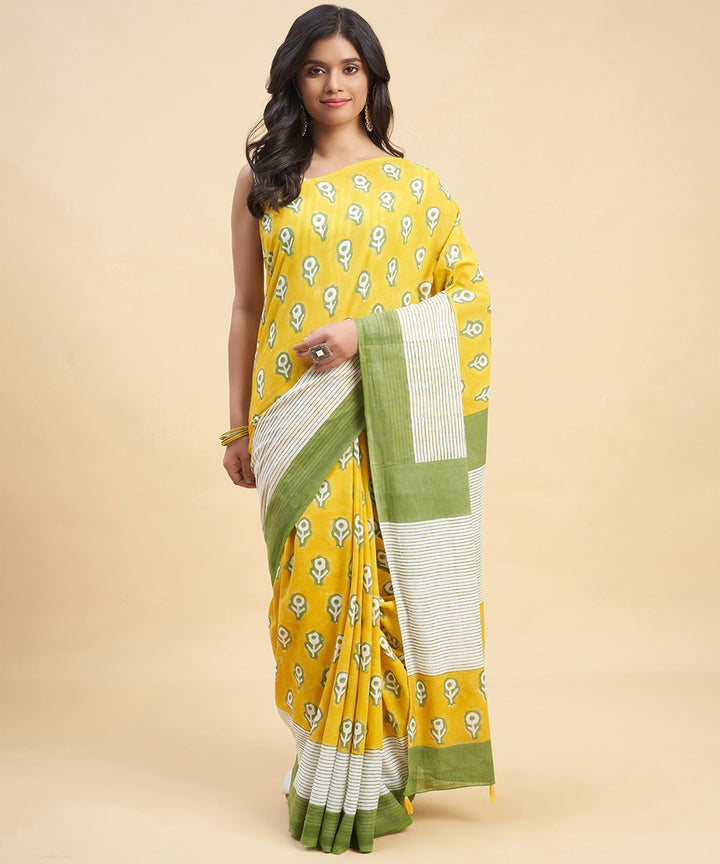 Yellow olive green cotton hand block sanganeri printed saree