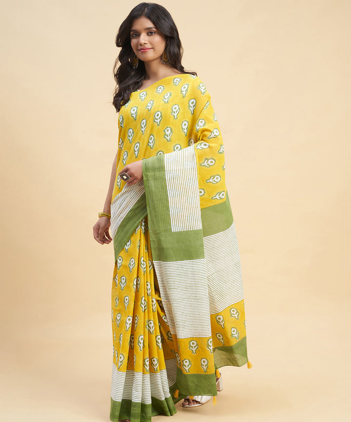 Yellow olive green cotton hand block sanganeri printed saree