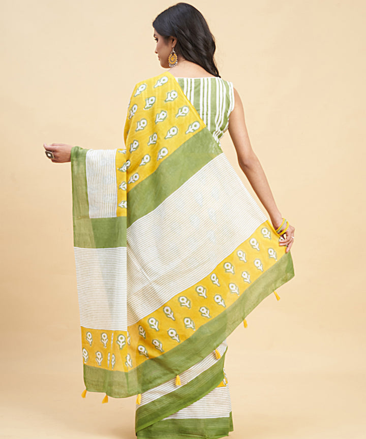 Yellow olive green cotton hand block sanganeri printed saree