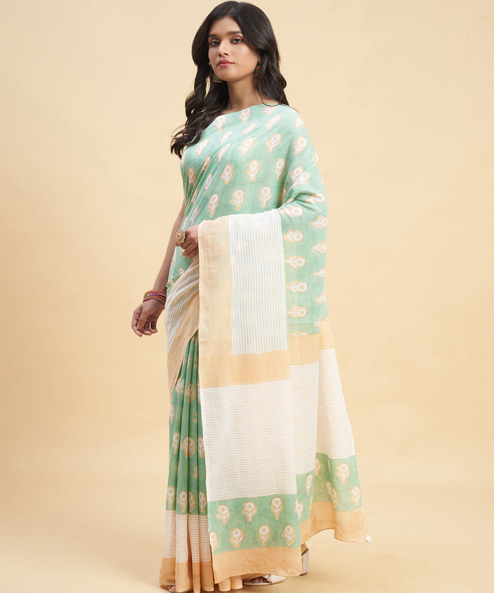 Cyan green peach hand block cotton sanganeri printed saree