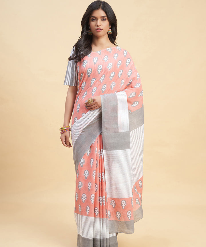 Peach grey hand block sanganeri printed cotton saree
