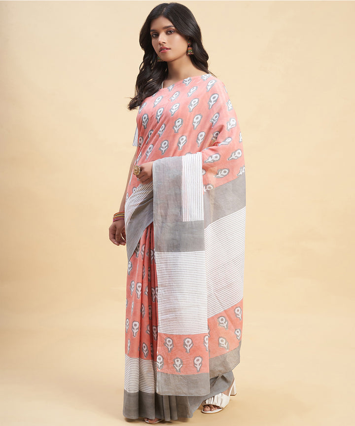 Peach grey hand block sanganeri printed cotton saree