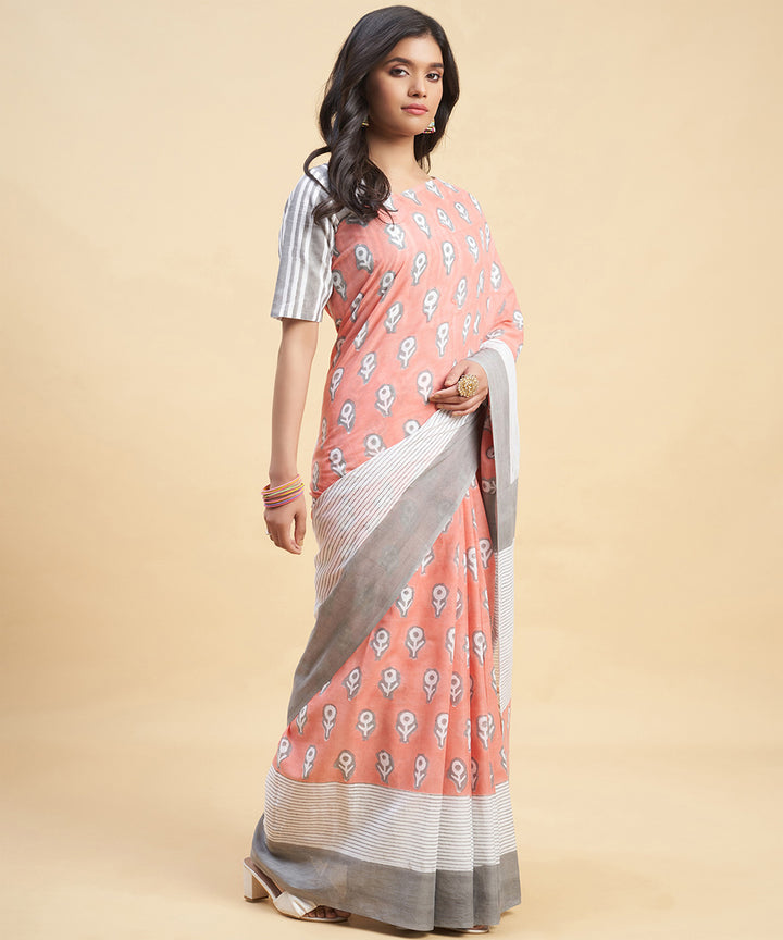 Peach grey hand block sanganeri printed cotton saree