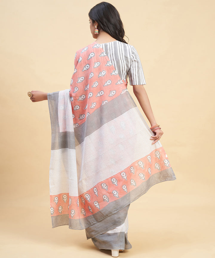 Peach grey hand block sanganeri printed cotton saree