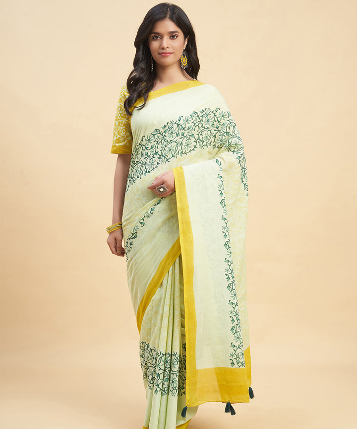 Mustard olive green cotton hand block sanganeri printed saree