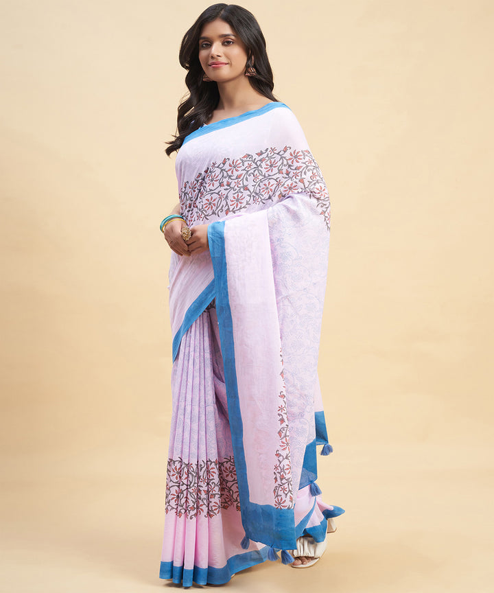 Pink sky blue hand block sanganeri printed cotton saree