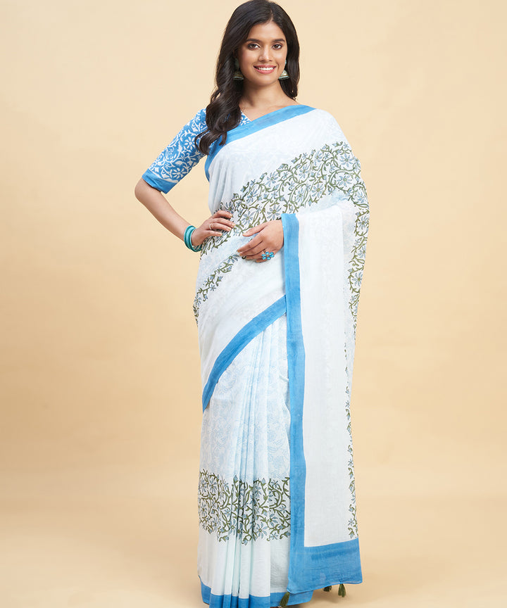 Sky blue olive green cotton hand block sanganeri printed saree