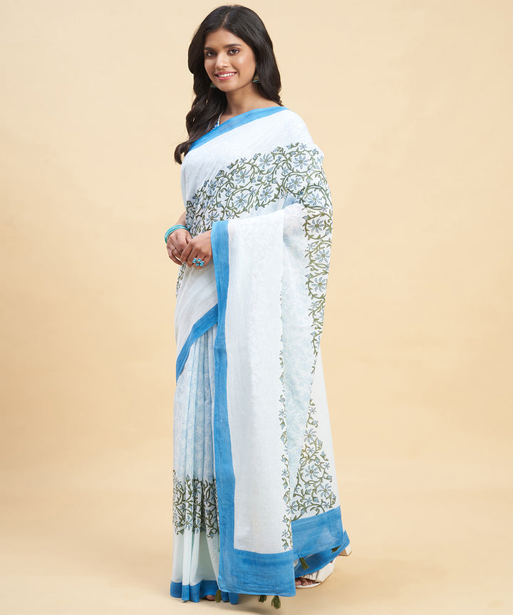 Sky blue olive green cotton hand block sanganeri printed saree