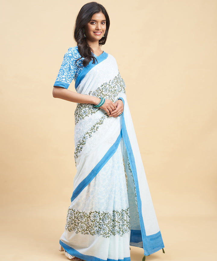 Sky blue olive green cotton hand block sanganeri printed saree