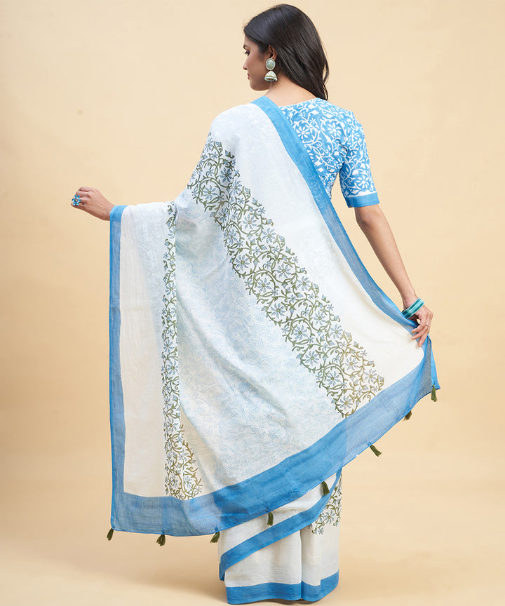 Sky blue olive green cotton hand block sanganeri printed saree