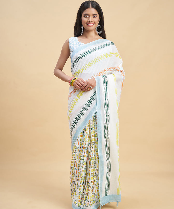 Offwhite multicolor hand block sanganeri printed saree