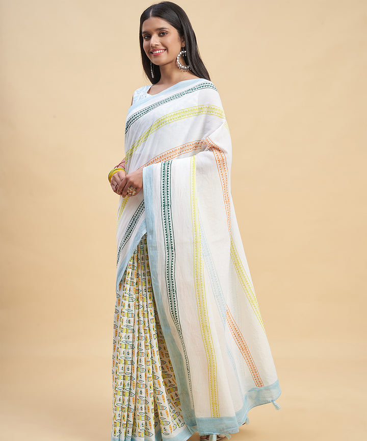 Offwhite multicolor hand block sanganeri printed saree