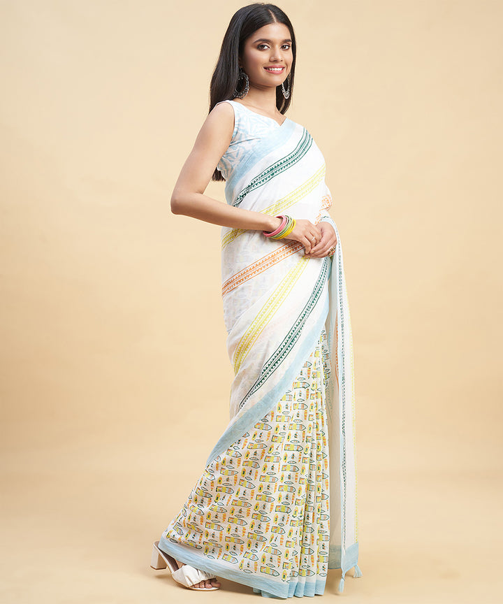 Offwhite multicolor hand block sanganeri printed saree