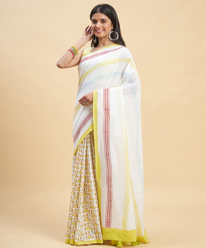 White yellow hand block cotton sanganeri printed saree