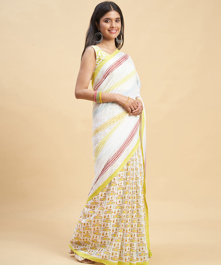 White yellow hand block cotton sanganeri printed saree