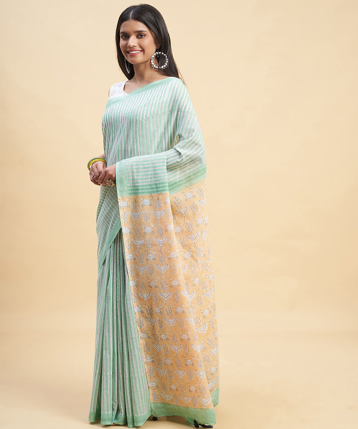 Cyan green peach cotton hand block sanganeri printed saree