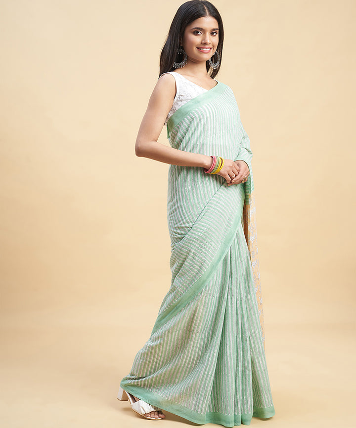 Cyan green peach cotton hand block sanganeri printed saree