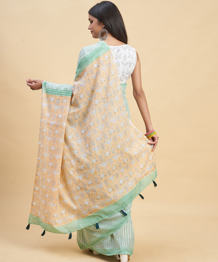 Cyan green peach cotton hand block sanganeri printed saree
