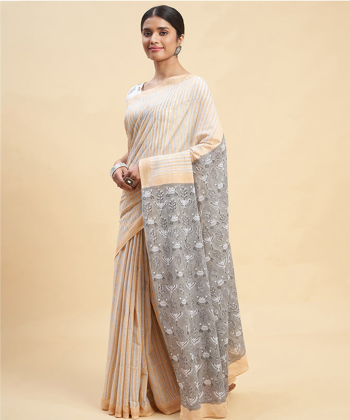 Peach grey cotton hand block sanganeri printed saree
