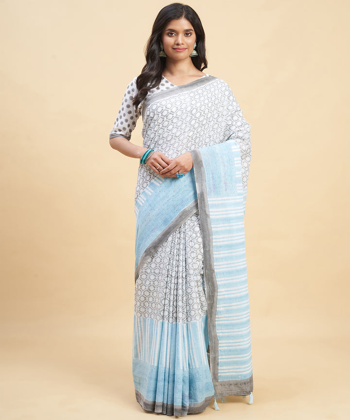 Grey sky blue cotton hand block sanganeri printed saree