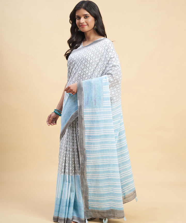 Grey sky blue cotton hand block sanganeri printed saree