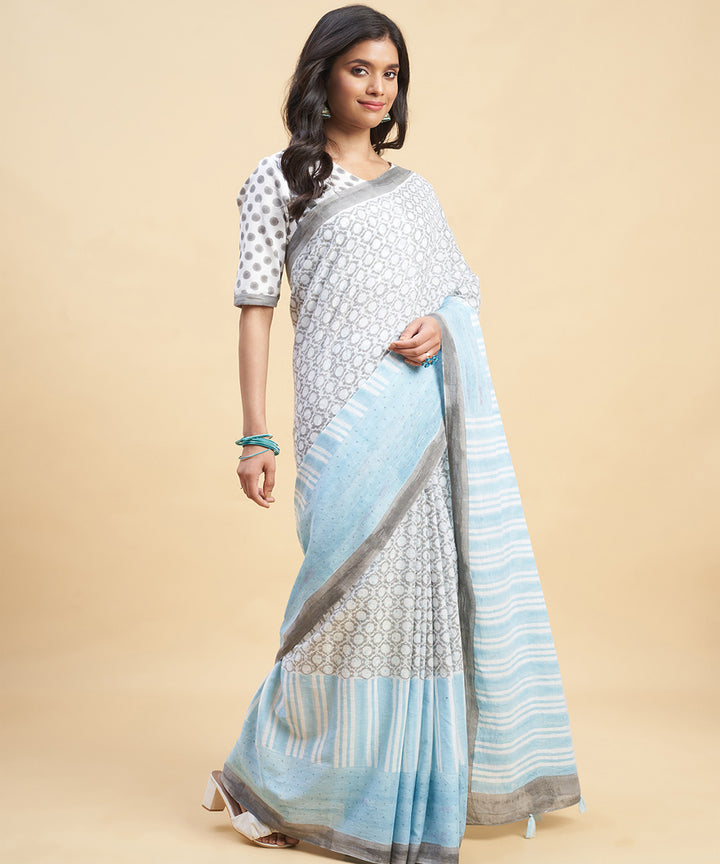Grey sky blue cotton hand block sanganeri printed saree