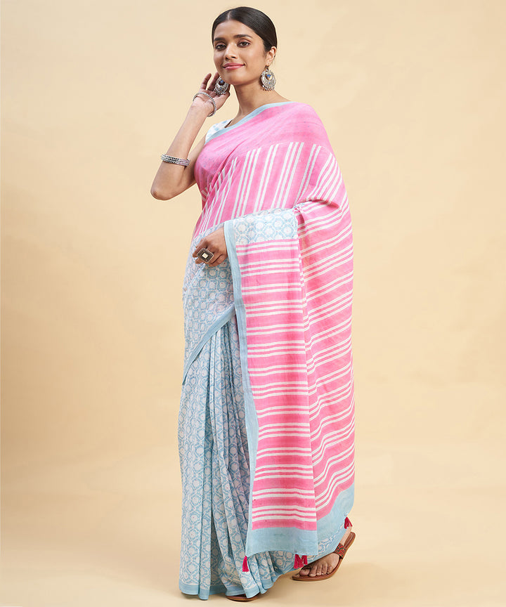 Pink sky blue sanganeri hand block printed cotton saree