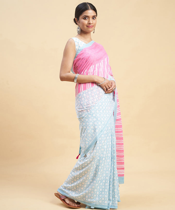 Pink sky blue sanganeri hand block printed cotton saree