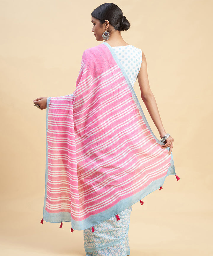 Pink sky blue sanganeri hand block printed cotton saree