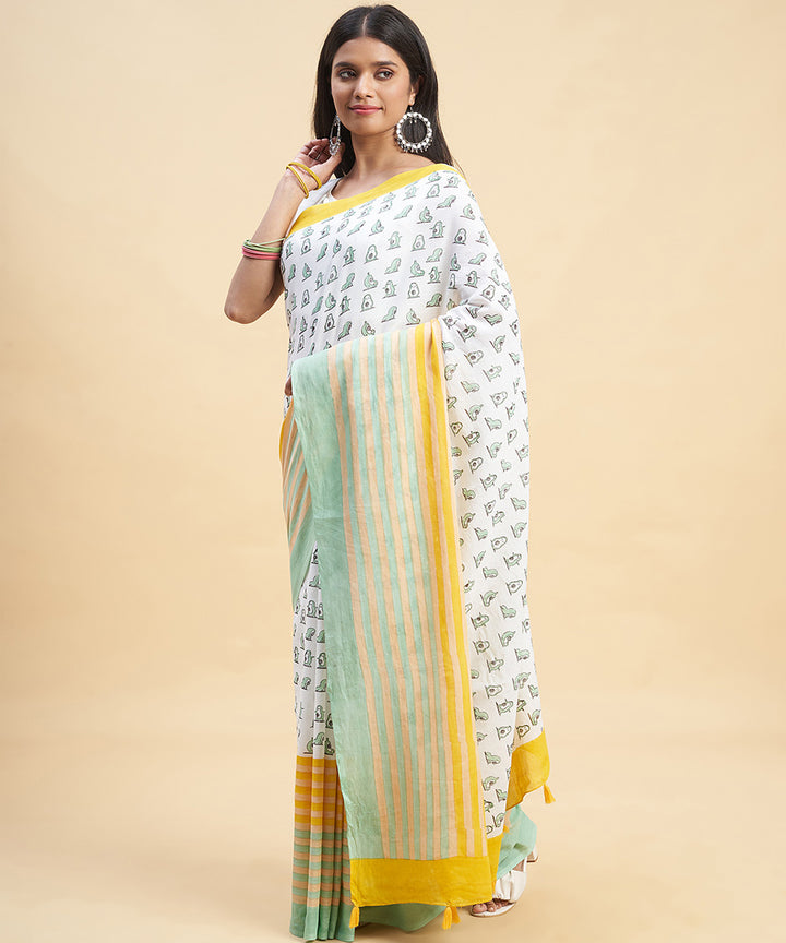 White cyan green cotton hand block sanganeri printed saree