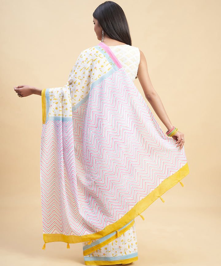 White yellow hand block sanganeri printed cotton saree